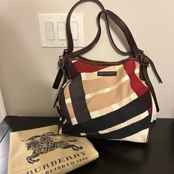 Burberry Handbags - BURBERRY Mega Nova Check Large Canvas and Leather Handbag Cinch Shopper Tote